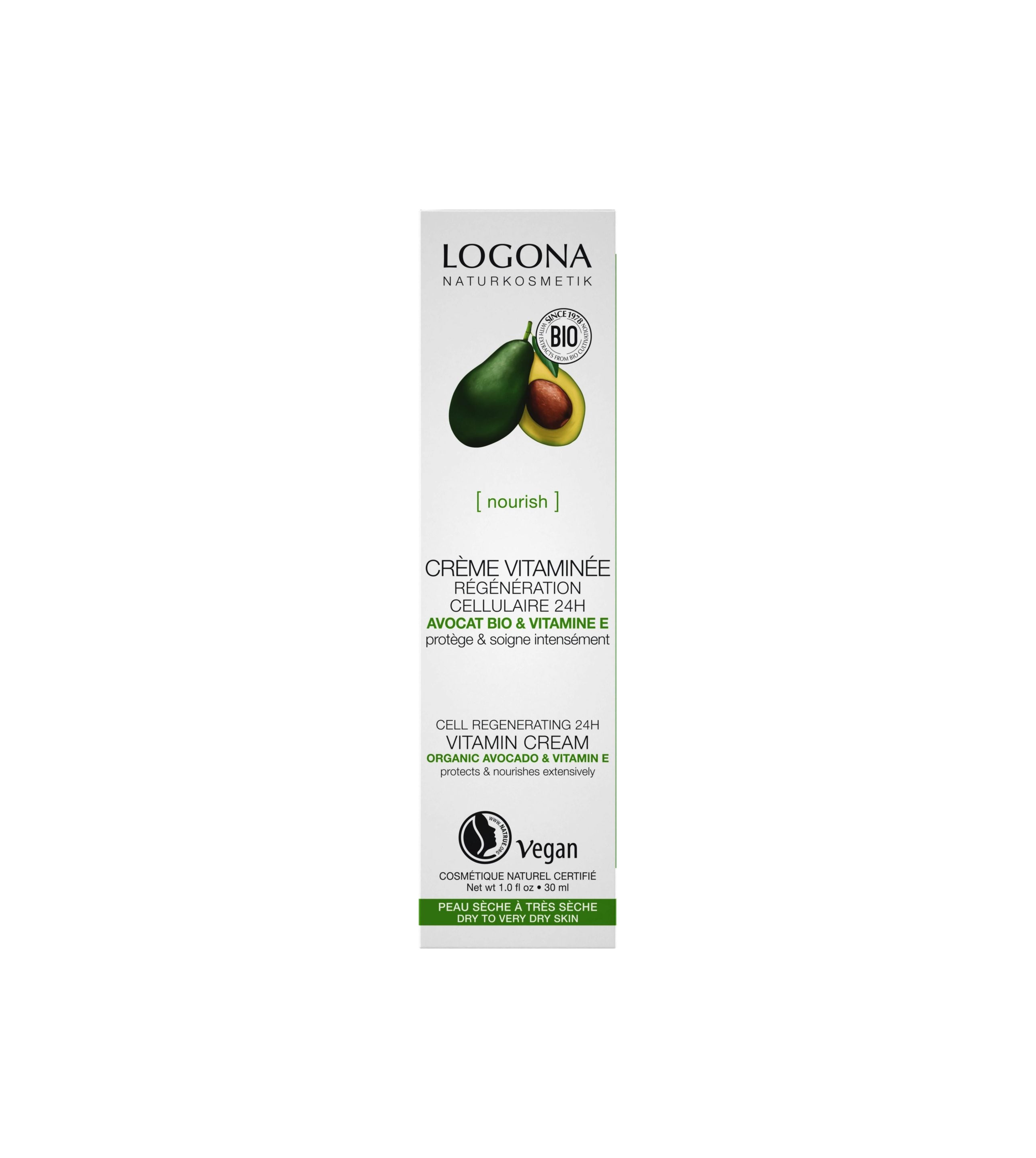 LOGONA Crème vitaminée régénération cellulaire avocat 30ml | BLEUVERT