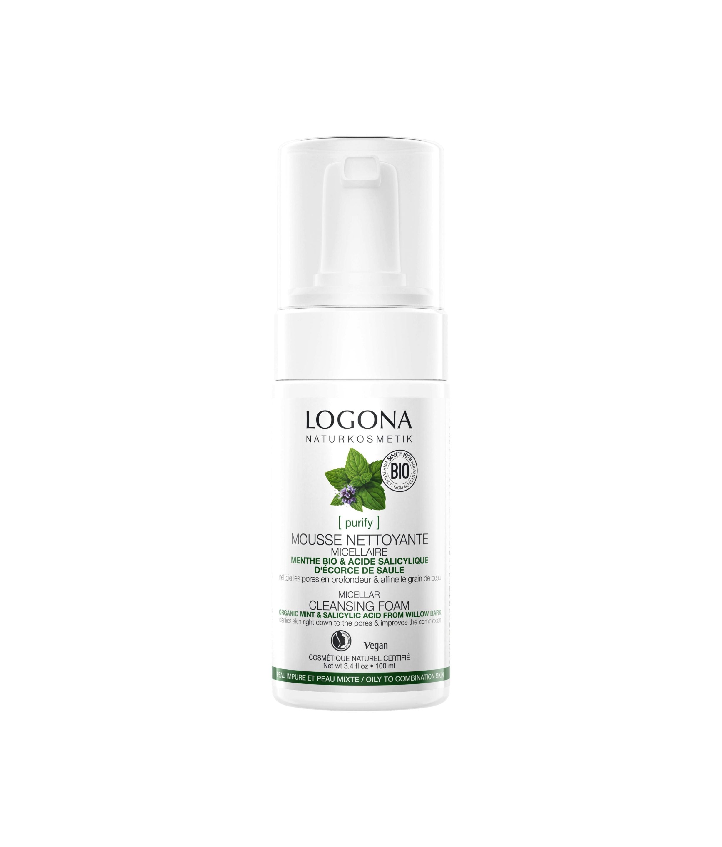 LOGONA Mousse nettoyante menthe acide salicylique 100ml | BLEUVERT